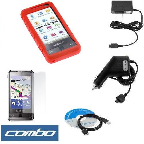 Red Durable Rubber Soft Silicone Skin Cover Case + Rapid Car Charger + Home Travel Charger + Clear Durable Reusable LCD Screen Protector + USB Data Cable for Verizon Samsung I900 I910 Omnia Smartphone