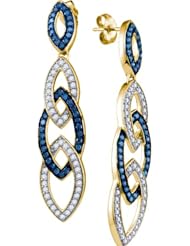 10K Yellow Gold 1.45CT Blue & White Round Cut Diamond Dangling Fashion Earring