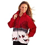 ladies polyester robin design long sleeve printed fleece jacket with pockets (Medium (10-12), Red)