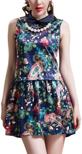 OYCP Women's Vintage Printed Sleeveless Layered Princess Dress + Necklace Blue-M