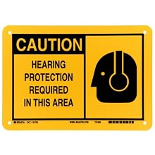Brady 21795 7" Height, 10" Width, B-401 Plastic, Black On Yellow Color Alert Sign, Legend "Caution, Hearing Protection Required In This Area (With Picto)"