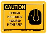 Brady 21795 7 Height, 10 Width, B-401 Plastic, Black On Yellow Color Alert Sign, Legend Caution, Hearing Protection Required In This Area (With Picto)