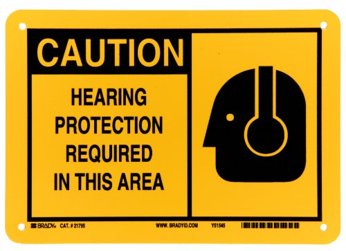 Brady 21795 7 Height, 10 Width, B-401 Plastic, Black On Yellow Color Alert Sign, Legend Caution, Hearing Protection Required In This Area (With Picto)