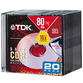 Click here to buy TDK CD-R80EXM20 CD-R, 80 Minute, 700 MB, 16x (20-Pack with Slim Jewel Cases) by TDK.
