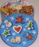 Scott's Cakes Taffy, Pretzel Brittle, and Sassy Peanut Combo in a Christmas Cookie Tin