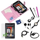GTMax 12 pieces Accessories Bundle Kit for Amazon Kindle Fire-Combo Set Includes: Pink PU Leather Wallet Case + 2 X Screen Protector + 3 X Universal Stylus + Data Cable + Y Extension Cable + 3.5mm Retractable Cable + Soft Gel Headset + Headset Wrap + Memory Card Case