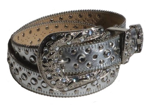 Western Rhinestone Skinny Studded Silver Leather Belt