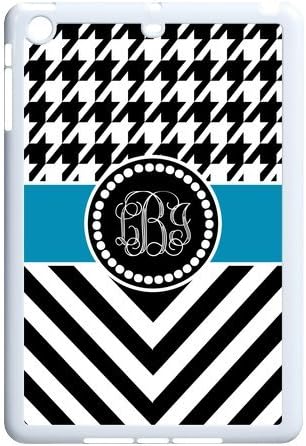 Black White Houndstooth Vs Chevron Pattern Monogrammed Apple IPad Mini Best Durable Rubber+Plastic White/Black Cover Case Custom Color and Text,New Fashion, Best Gift
