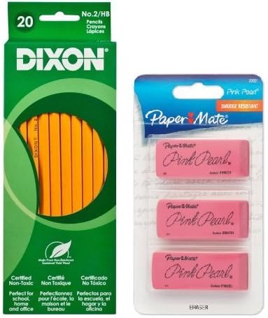 Dixon No 2/HB 20CT &amp; Paper Mate Pink Pearl Premium Erasers, 3 Pack, Large (70501)