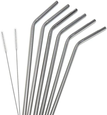 Reusable Straws by Yoturo, Set of 6 Reusable Stainless Steel Bent Drinking Straws with 2 Cleaning Brush (Silver)