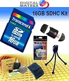 Transcend 16GB SDHC Class 6 Starter Kit. Kit Includes Transcends High-Speed Class 6 SDHC, Tabletop bendable Wire Tripod, SD/SDHC USB Card Reader/Writer, LCD Protection Film Kit, Lens cleaning Kit and Memory Card wallet.