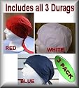 Special Do-rag Durag 3 Pack - Solids - 1-RED 1-WHITE 1-NAVY - Cotton - One size