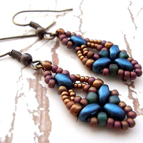 Beadwoven Blue And Antique Bronze Dangle Earrings - Handcrafted Bead Woven - Beadwork With Seed beads and Super Duos - Beaded