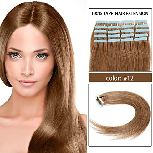 Prettyfirst PU Tape Hair Extensions 16" 18" 20" 22" 24" inch 100% Natural Remy Human Hair Tape Hair Skin Weft Hair Extension Color #12 Light Golden Brown (18inch 40g 20pcs/Pack)