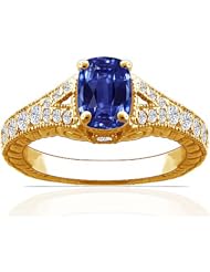 14K Yellow Gold Cushion Cut Blue Sapphire Ring With Sidestones