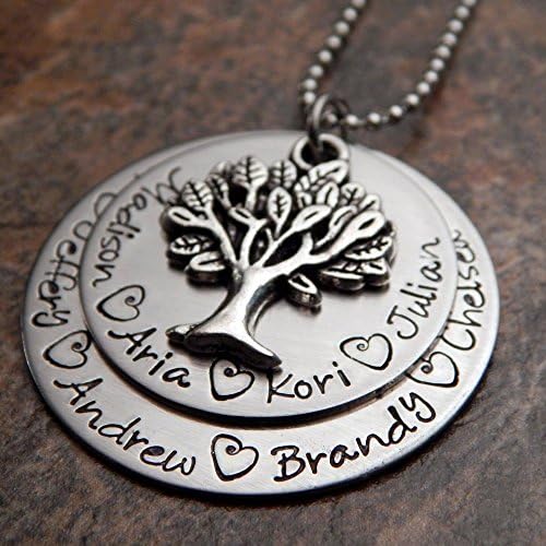 Family Tree Personalized Mother's Necklace with Kids' Names and Heart Accents Two Layers