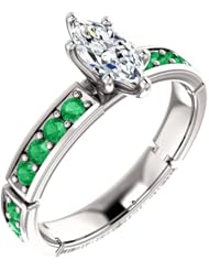 10K White Gold Marquise Cut Diamond and Emerald Ring -- LIFETIME WARRANTY