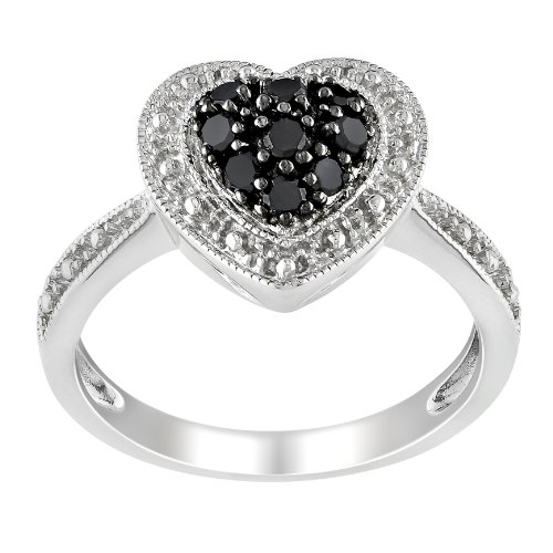 Black Rhodium Plated Silver Black Diamond Heart Ring, Size 7 (.25 cttw)