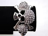 Silver Tone Clear Crystal Rhinestone Pirate Skull Crossbone Cuff Bangle Bracelet