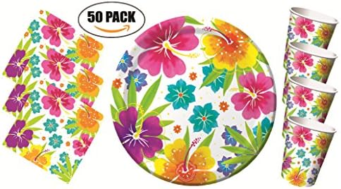 Tropical Luau Hawaiian Party Pack - Tableware for 50 Guests - Plates, Cups and Napkins