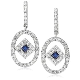 14k White Gold Blue Sapphire and Diamond Oval Dangle Earrings