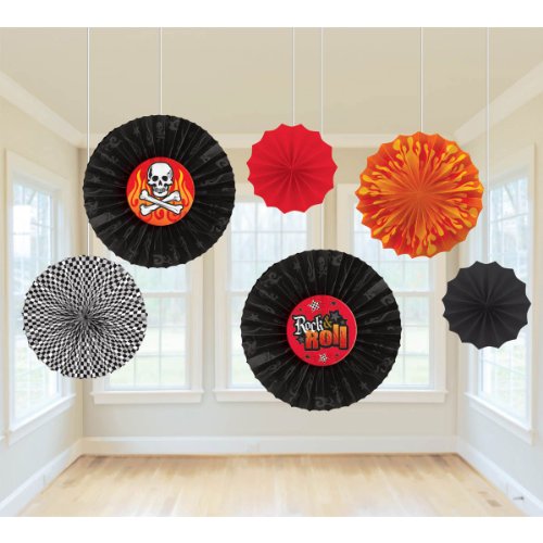 Amscan Rock On Heavy Metal Themed Printed Paper Fan Assortment Decoration (6 Piece), Multi Color, 13 x 11