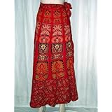 Red-orange Elephant Print Womens Cotton Wrap Around Skirt India 40" Long Free Shipping