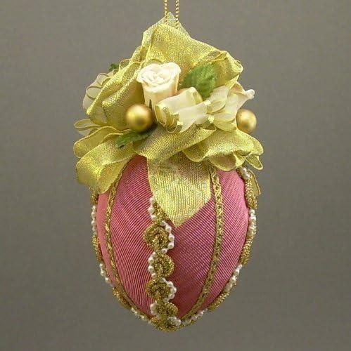 "Judith" by Towers and Turrets - Bright Fuchsia Pink Moire Faille Fabric Egg Christmas Easter Ornament with Parchment Roses - Victorian Inspired, Handmade