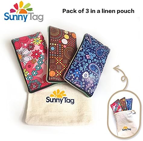 Pack of 3 Thick Foldable Reusable Eco friendly Wallet Style Grocery Shopping Travel Bag Tote by Sunny Tag. Water Repellent, Washable Nylon, Hold up to 33 LBS or 15 KG. Floral, Dots and Paisley
