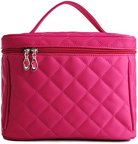 XJK Quilted Makeup Cosmetic Travel Toiletry Bag with Mirror (Pink)