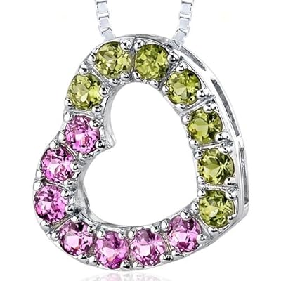 Sterling Silver with 2.00 carats total weight Round shape Pink Sapphire and Peridot Open Heart Pendant Necklace