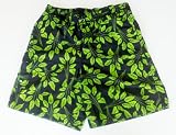 Big and Tall Mens Swim Trunks with Adjustable Elastic Drawstring Waist and Board Short Style Front, 2 Inseam Slit Pockets and Side Cargo Pocket. Mesh Lined. Black/Green Leaf Print in Sizes XL - 4XL