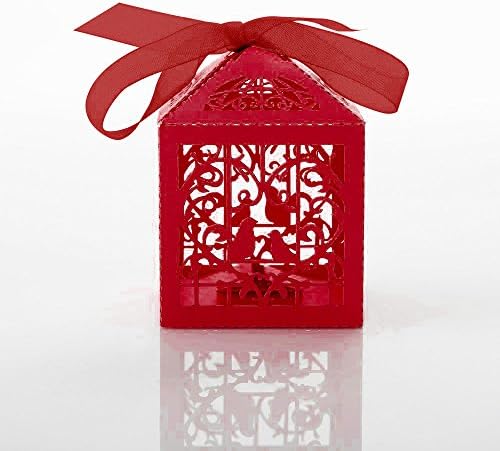 Sugawin 50Pcs Love Birds Laser Cut Hollow Flower Favor Candy Box with Ribbons Wedding Party Favors - Red