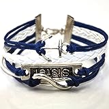 Handmade Sister Anchor Charm Friendship Gift Fashion Jewelry Personalized Leather Bracelet for Girl - Dark Blue+White