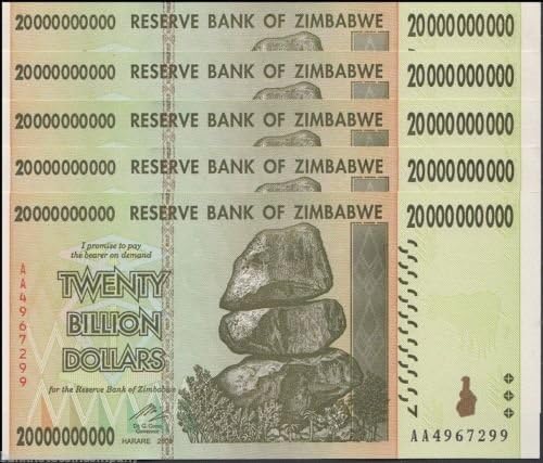 Zimbabwe 20 Billion Dollars X 5 Pieces (PCS) 2008, UNC,100 Trillion Series