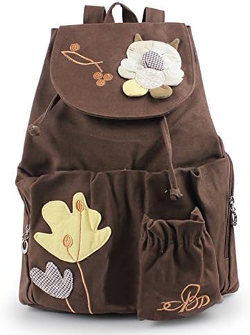 Deer Mum Girl Leisure Canvas Backpack Daily Schoolbag with Flower Pattern (coffee)