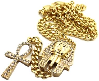 Goldtone Iced Out Pharoah and Egyptian Ankh Cross Pendant with a 36 Inch Cuban Li...