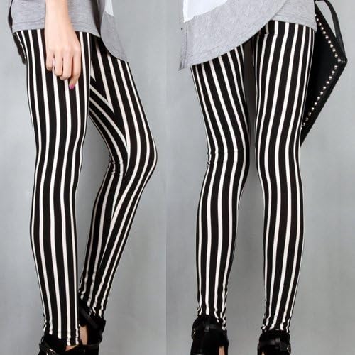 Melody Women Vertical Stripes Striped Ankle Length Footless Pantyhose Legging Tregging Tight Pant Skinny Slim FFL095 One Size Black & White(fits S to M)
