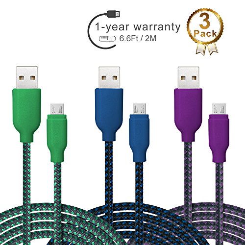 Micro USB Cable, 3 Pack Ace Teah 6.6ft Long Nylon Universal Braided Quick Charge High Speed Charger Cable and Data Sync A Male to Micro B for Android Samsung Galaxy, Sony, HTC - Green, Blue, Purple
