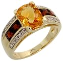 10k Gold Diamond Ladies' Ring, w/ 3.00 Total Carat Weight of Cushion Cut Citrine Stone, Princess Cut Garnet Stones & Brilliant Cut Diamonds, 3/8" (9mm) wide