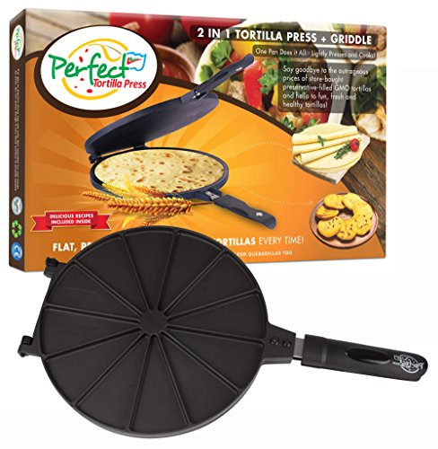 Geoff the Chef Perfect Tortilla Press and Maker, 2-in-1 Tortilla Machine is a Dough Smasher and Stovetop Cooker, Makes 6, 8, 10 Inch Round Tortillas, Comal also Heats Flatbread and Quesadillas