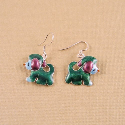 Puppy Enameled Earrings Sterling Silver Green