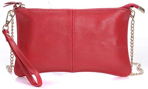 Wristlet Wallet,YOUNA Vintage Genuine Leather Wristlet Wallet With Chain Shoulder Strap Rose Red