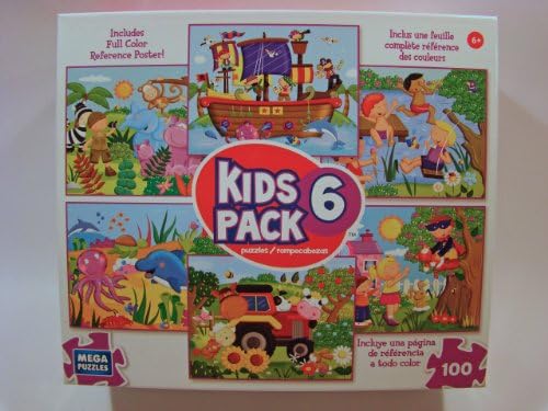 Kids 6 Pack 100 Piece Jigsaw Puzzles: Pirates - Safari - Under the Sea - Farm Friends - Swimming - Super Hero