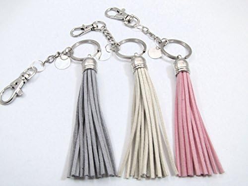 Personalized Hand Stamped Initial on Disc Leather Tassel Key Chain Pink, Gray or Beige Silver Plated