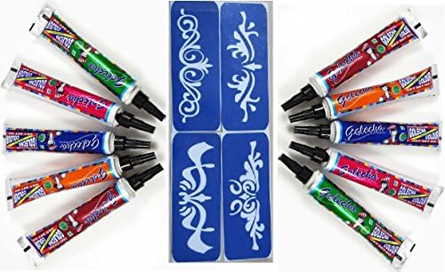 10 x MULTI COLOR QUICK DRY TEMPORARY TATTOO BODY ART TUBES + 4 DESIGN ART STENCILS FREE WITH EVERY PACK BY TATTOO TUBES