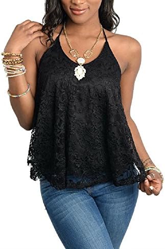 Women's Flowy Lace Halter Top (Medium, Black)