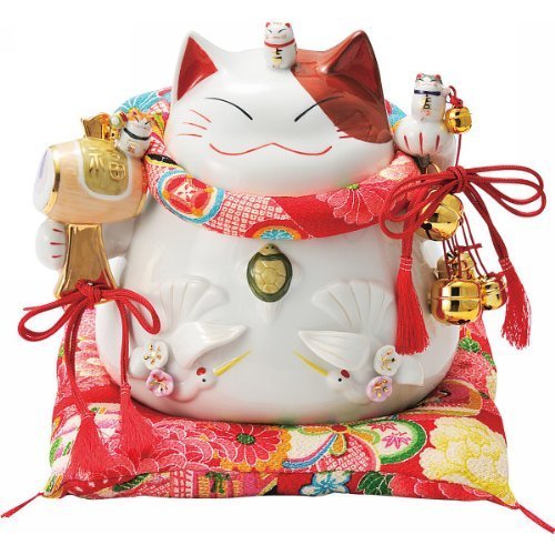 猫舎 招福だるまバンク 首輪・座布団 縮緬柄 本体白地 絵付け