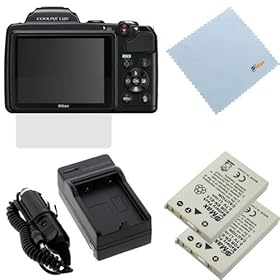 GTMax 2 Pack Replacement EN-EL5 Battery and Charger kit + Exactly Fit Clear LCD Screen Protector + Microfiber Cleaning Cloth for Nikon COOLPIX P500 Digital Camera