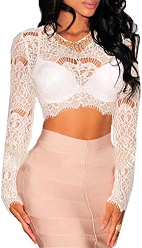 Forinie Women's Cutouts Sheer Lace Long Sleeves Crop Top One Size White